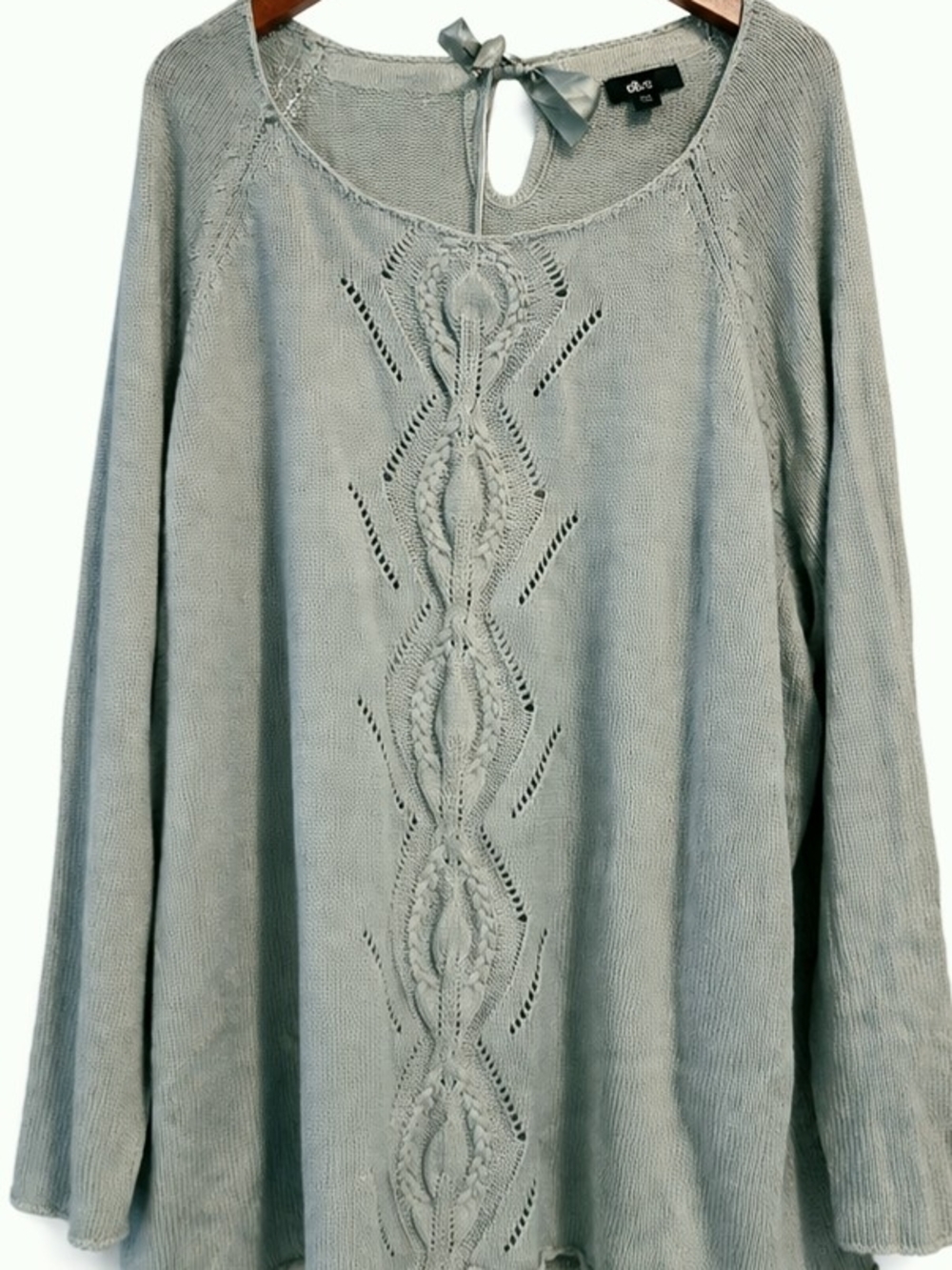Ellos Light Sage Cable Front Scoop Neck Knit Top 30/32W
